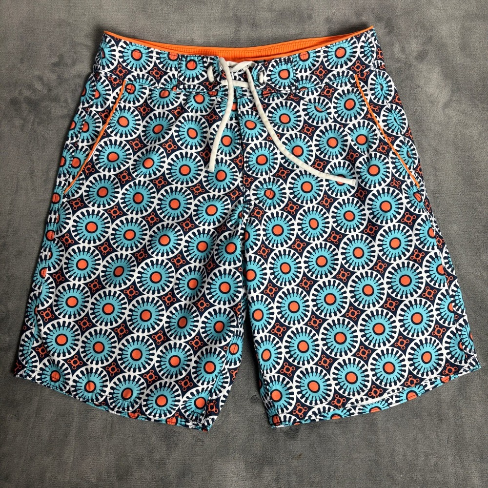 Bonobos Men's 29 Geometric Print Board Shorts Swim Trunks Orange Blue 10" Inseam
